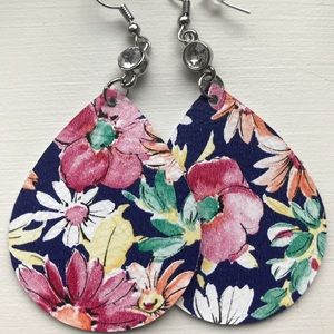 Navy, floral patterned BLING leather earrings